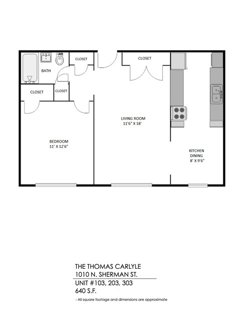 Floor plan for 1 bed, 1 bath, 620 sqft